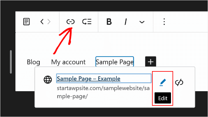 Edição de um link de página a partir da barra de ferramentas de bloco no WordPress Full Site Editing