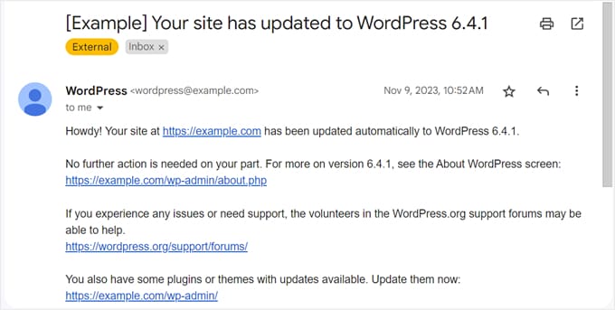 Example of a WordPress automatic update email notification