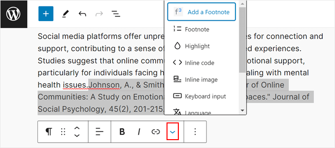Clicking the Add a Footnote button from the Modern Footnotes plugin
