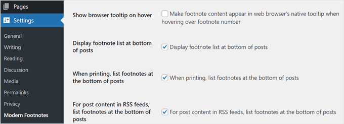 Modern Footnote plugin's footnote display settings