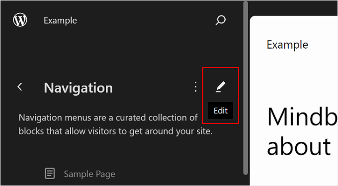 Clicking the pencil edit button for Navigation in WordPress Full Site Editing