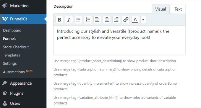 Inserting the order bump's Description in FunnelKit