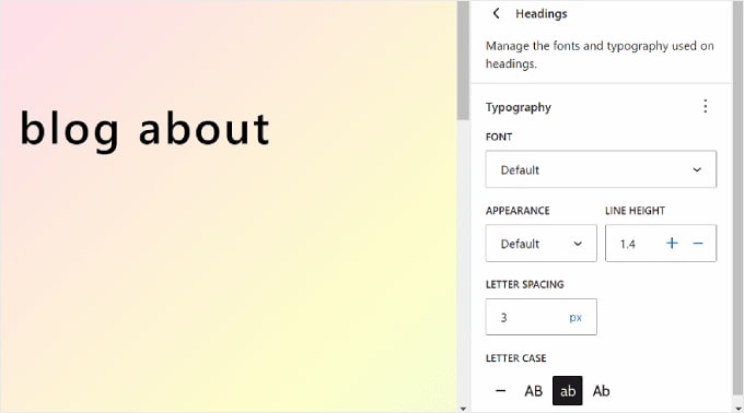 The Headings typography element settings in WordPress Full Site Editor