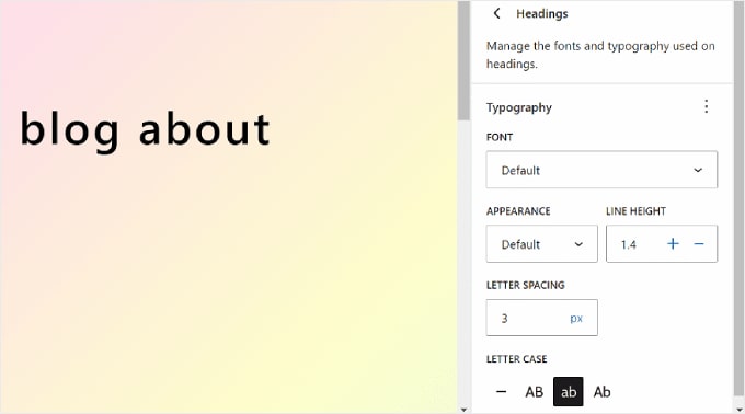 As configurações do elemento tipográfico Headings no WordPress Full Site Editor