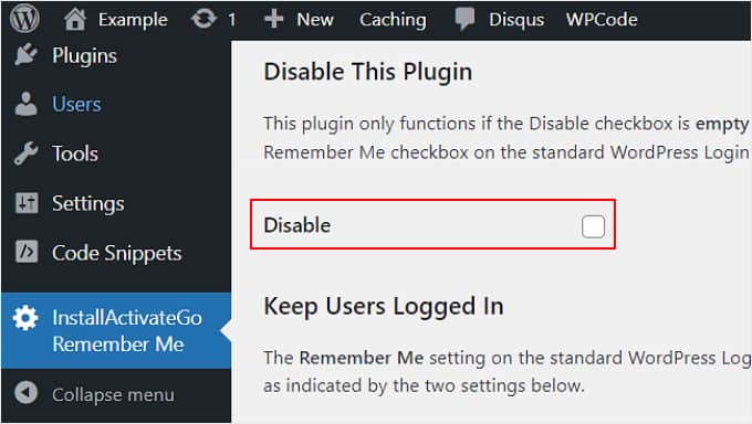 Unchecking the Disable box in the InstallActivateGo Remember Me plugin