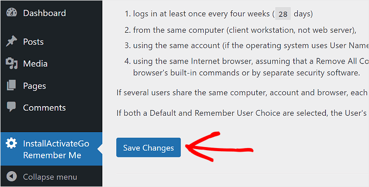 Clicking Save Changes on InstallActivateGo Remember Me plugin