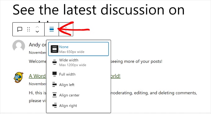 Clicking the Align button on the Latest Comments block toolbar