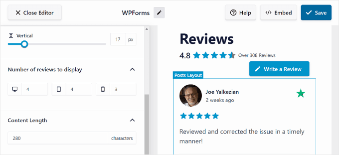 The second half section of the Layout tab in the Reviews Feed Pro editor