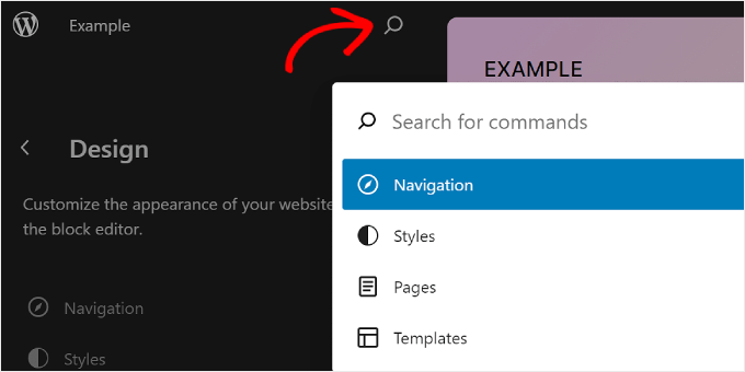 Clicking the magnifying glass icon in WordPress Full Site Editor