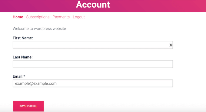 An example of an Accounts page, created using MemberPress