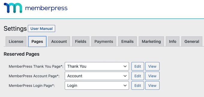 The default membership pages, created using MemberPress