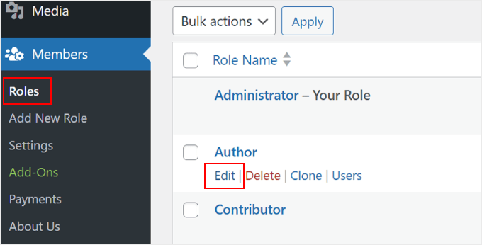 Editing a user role using the Members plugin