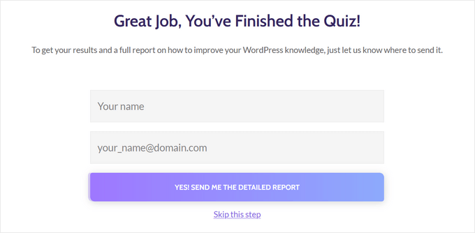 An example of an opt-in gate in a WordPress quiz or survey