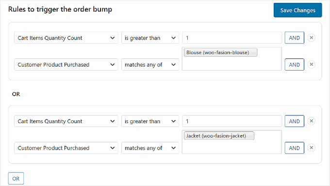 An example of order bump trigger rules using the 'OR' button in FunnelKit