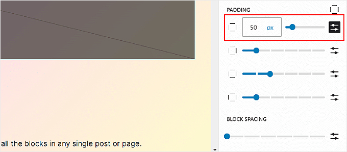 Configuring the Padding settings in WordPress Full Site Editor