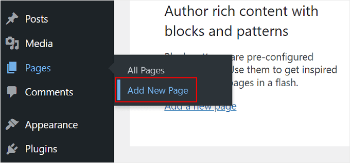 Clicking Add New Page in WordPress admin area