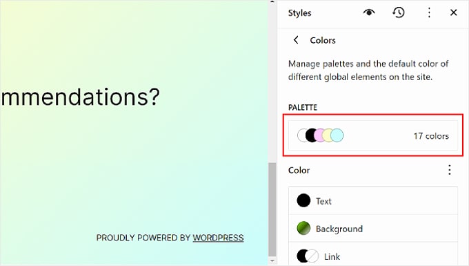 在 WordPress 全站编辑器的颜色选项中选择调色板