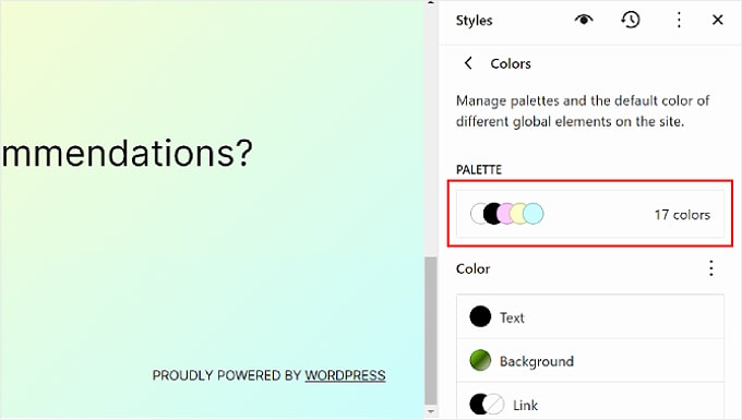 Selecionando a paleta nas opções de cores do WordPress Full Site Editor