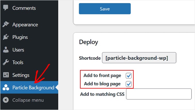 Configuring the Particle Background WP Deploy settings