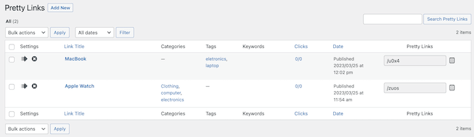 Managing your affiliate links in the WordPress dashboard
