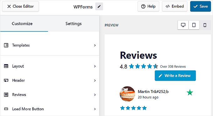 The Customize tab in the Reviews Feed Pro editor