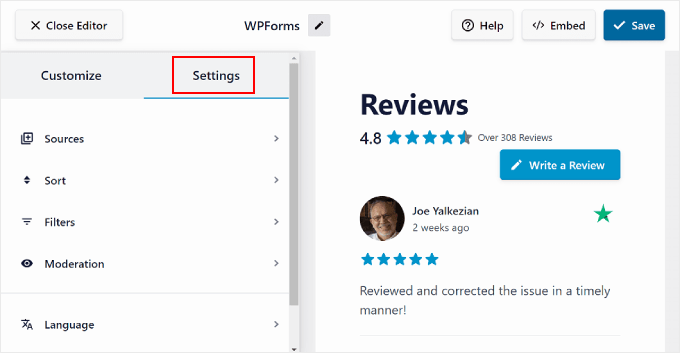 The Settings tab in the Reviews Feed Pro editor