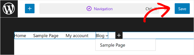 Clicking Save to make the menu changes official in WordPress Full Site Editor