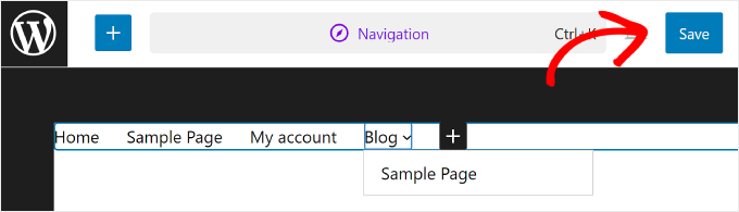 单击“保存”以使菜单更改在 WordPress 全站编辑器中正式生效