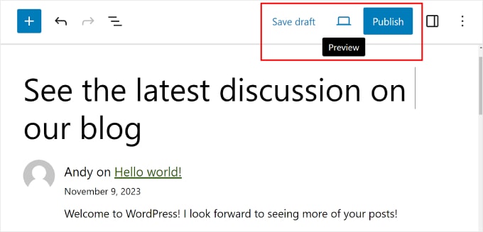 Saving, previewing, or publishing a recent comments page in WordPress