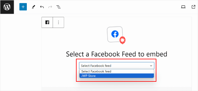 Choosing a Facebook feed source using the Smash Balloon block