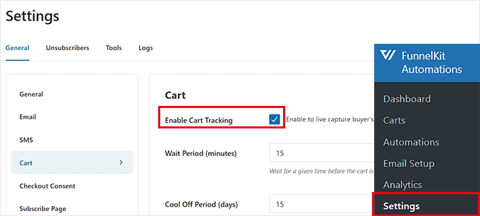Check the box to set up cart tracking