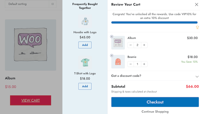 An example of a slide-in cart, created using FunnelKit Funnel Builder