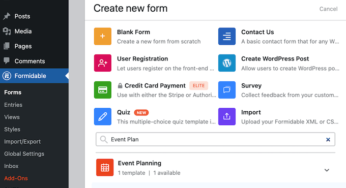 Choosing a template category in Formidable Forms