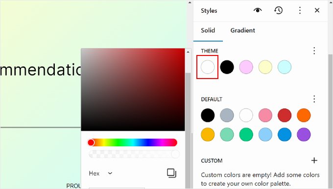 Changing a solid color in the Styles settings within WordPress Full Site Editor