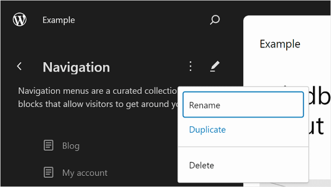 Clicking the three-dot button next to Navigation in WordPress Full Site Editing