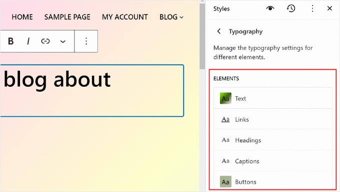 What Typography elements are available to edit in WordPress Full Site Editor