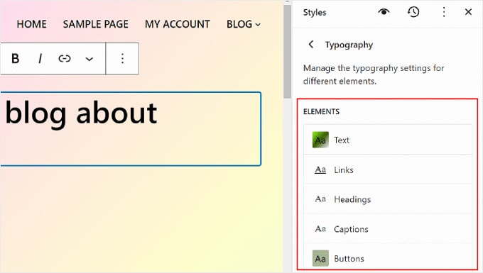 Quais elementos de tipografia estão disponíveis para edição no WordPress Full Site Editor