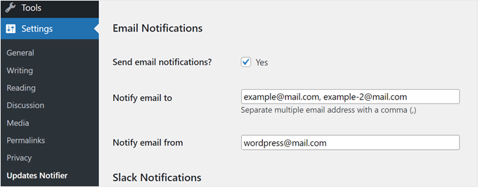 The Email Notifications settings in WP Updates Notifier plugin