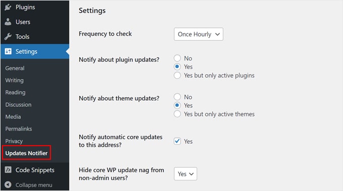 WP Updates Notifier plugin settings
