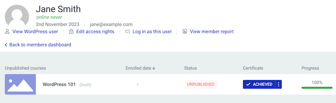 An example of a student record, inside the Thrive Apprentice dashboard