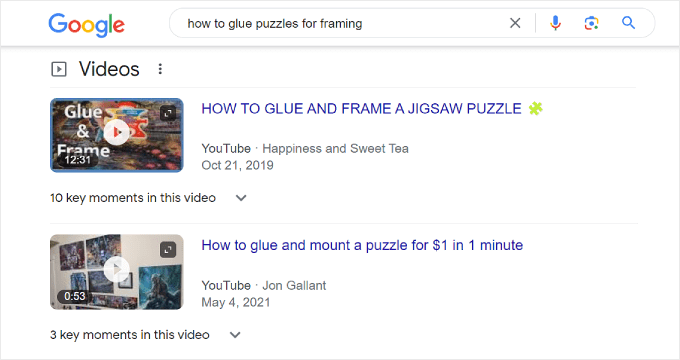 Example of an optimized video search result