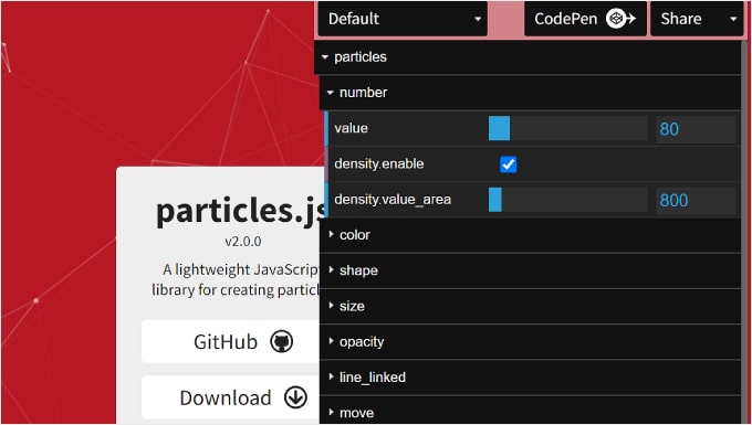 Editing the Particles settings in Vincent Garreau's particle.js website