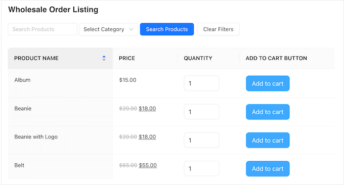 An example of an order form, created using Wholesale Suite