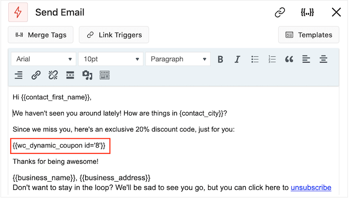 Adding coupon codes to dynamic emails using merge tags