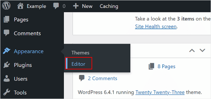 Selecting the Full-Site Editor from the WordPress admin panel
