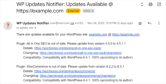 Example of the email sent by WP Updates Notifier