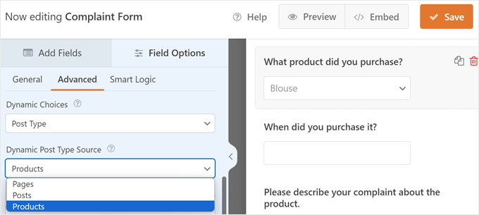 The Dynamic Choices feature in WPForms