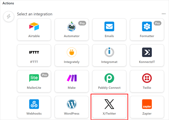 Choosing X/Twitter for the Uncanny Automator action integration