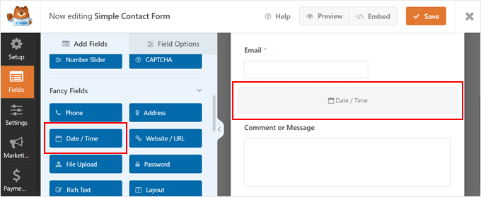 Dragging and dropping the Date Time field to the form builder in WPForms