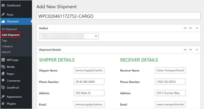 Adding a new shipment in WPCargo
